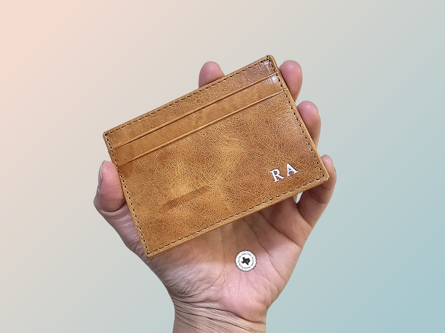 Personalized Monogram Credit Card Holder, Black Blue Green Red, Patina Leather Minimalist Card Wallet