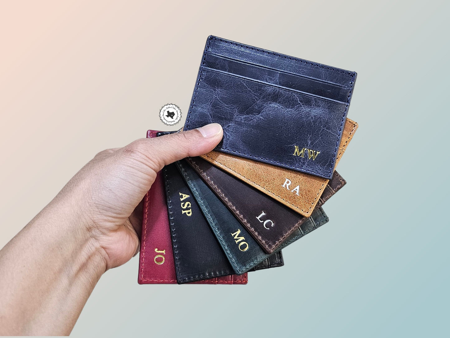 Personalized Monogram Credit Card Holder, Black Blue Green Red, Patina Leather Minimalist Card Wallet