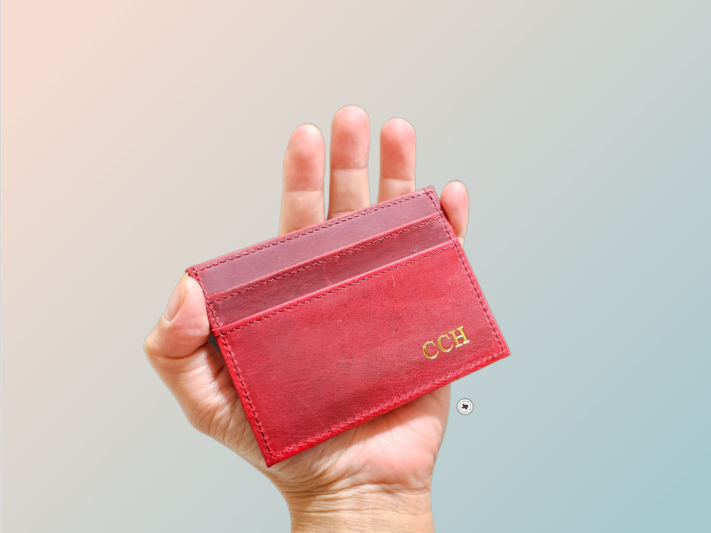 Initial Credit Card Holder, Red Matte Finish, Genuine Leather, Minimalist Card Wallet