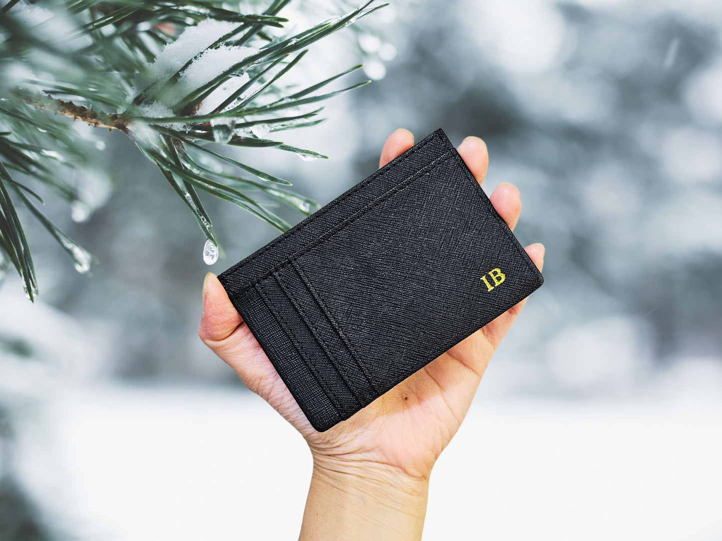 Black Saffiano Leather Minimalist Card Wallet with ID Window, Personalized Monogram Credit Card Holder