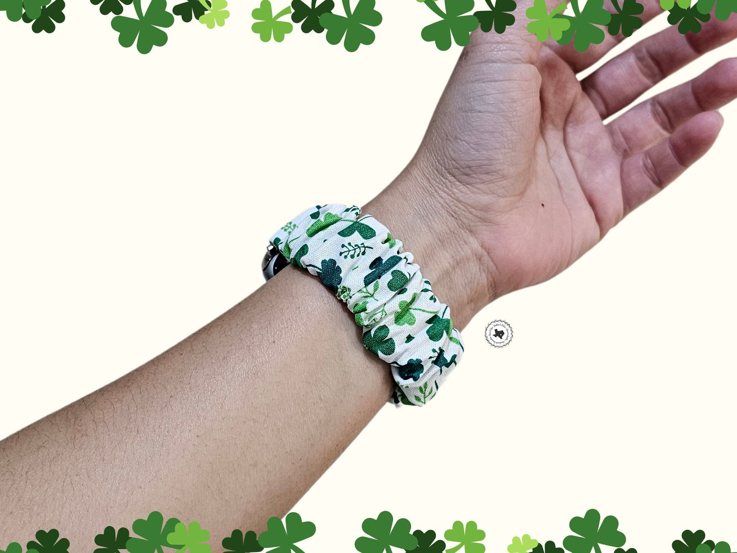 Shamrock Lucky Clover St Patricks Day Irish Scrunchie Watch Band for Apple Watch, Fitbit Versa Sense Charge5, 20mm Smartwatches