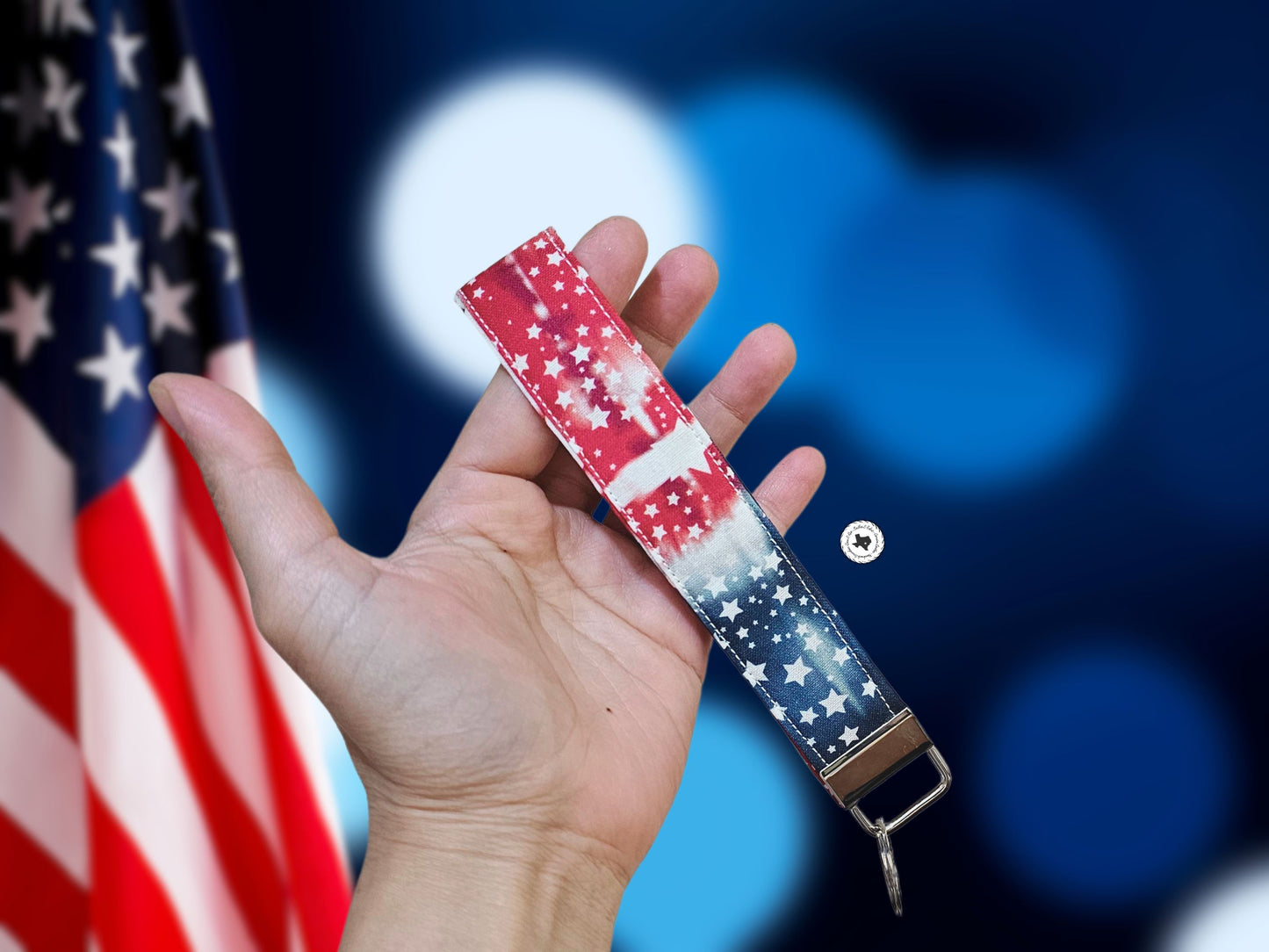 Patriotic Tie Dye Fabric Key Fob, Custom Wristlet Key Fob, Wrist Keychain