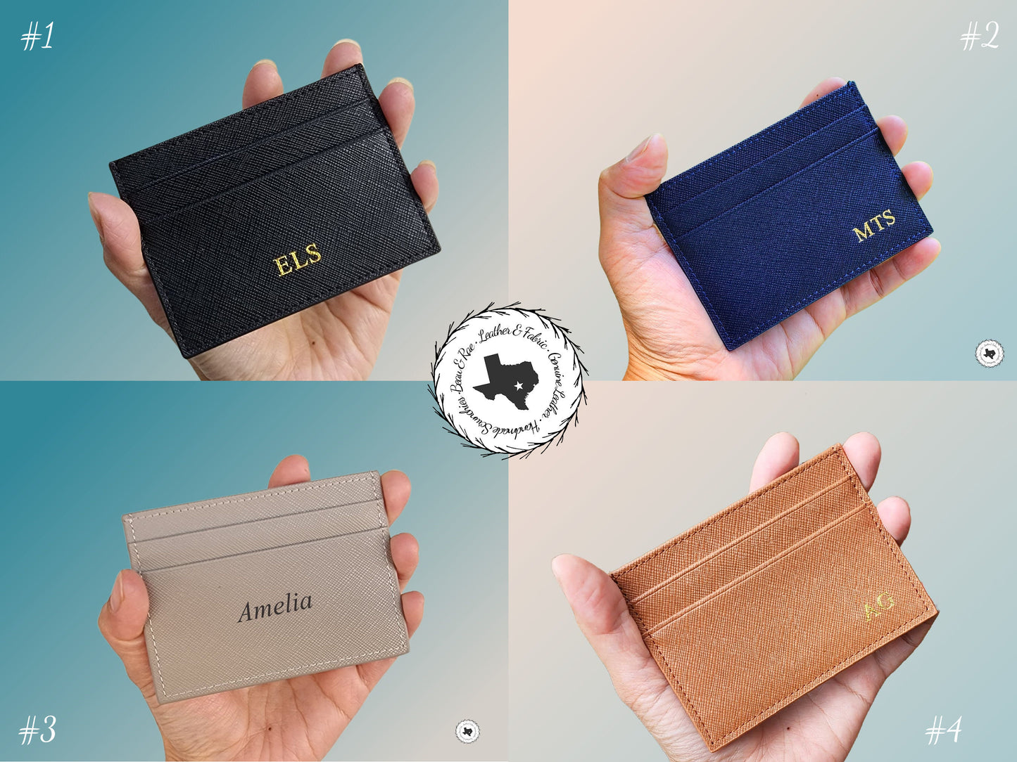 Personalized Monogram Credit Card Holder, Black Blue Mint Green Orange Pink Red Brown Gray Purple, Saffiano Leather Minimalist Card Wallet