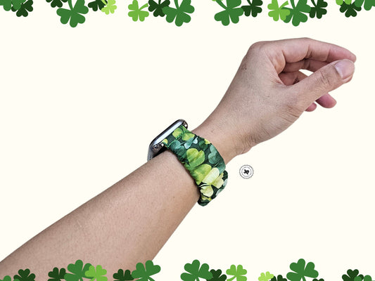 Shamrock Lucky Clover St Patricks Day Irish Scrunchie Watch Band for Apple Watch, Fitbit Versa Sense Charge5, 20mm Smartwatches