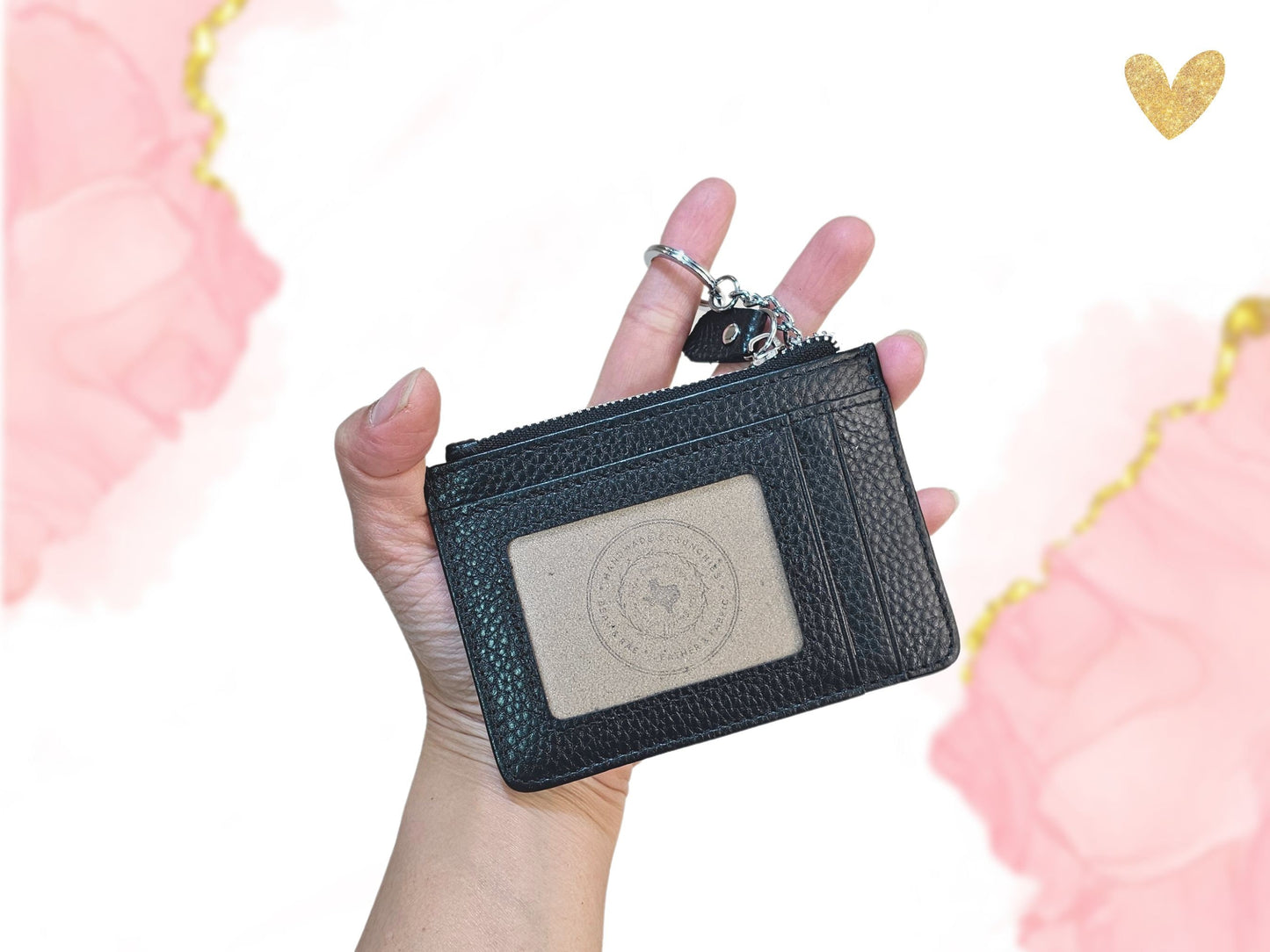 Personalized Monogram Credit Card Holder, Black Hot Pink Red Rose, Leather Minimalist ID Card Wallet with Zipper and Keyring