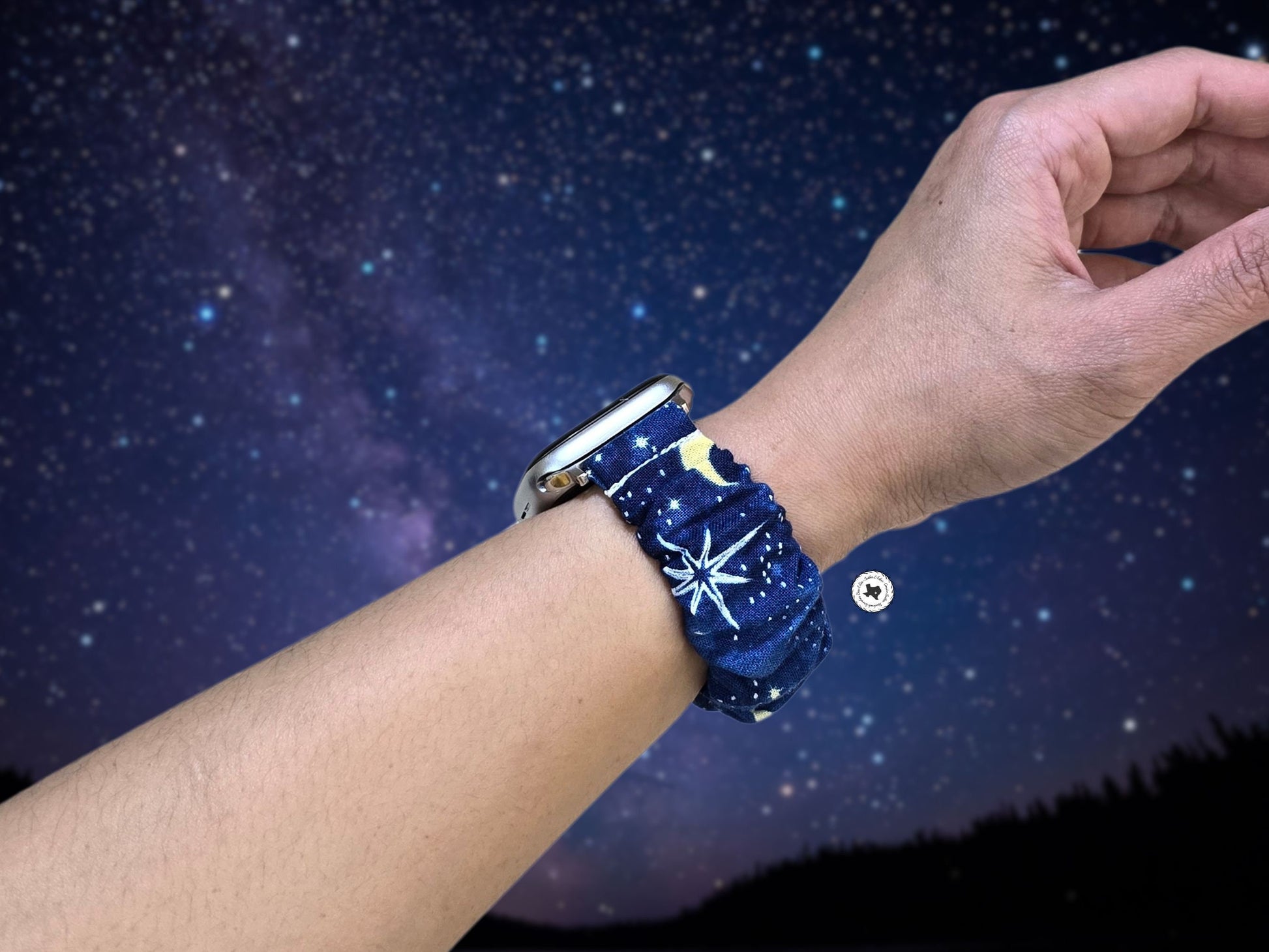 Moon and Star Celestial Scrunchie Watch Band for Apple Watch, Fitbit Versa Sense Charge5, 20mm Smartwatches