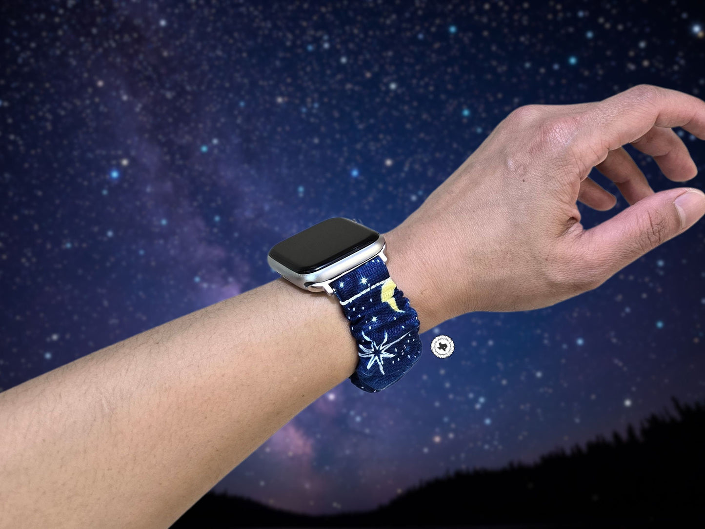 Moon and Star Celestial Scrunchie Watch Band for Apple Watch, Fitbit Versa Sense Charge5, 20mm Smartwatches